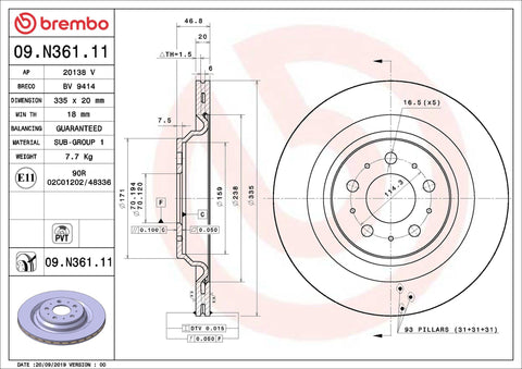 BREMBO Prime 09.N361.11 Rear Brake discs for TESLA Model 3 (5YJ3)